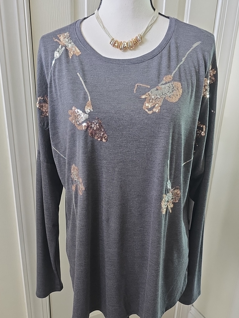APT. 9 WOMEN'S GRAY LONG SLEEVES "BLING-BLING" T-SHIRT SIZE XL